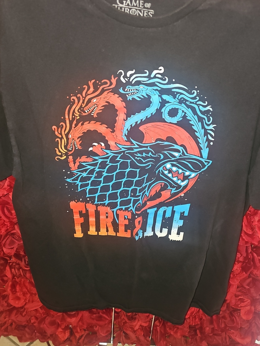 Game of Thrones "Fire & Ice" Graphic Tee - Black with Red & Blue Print Sz. Large